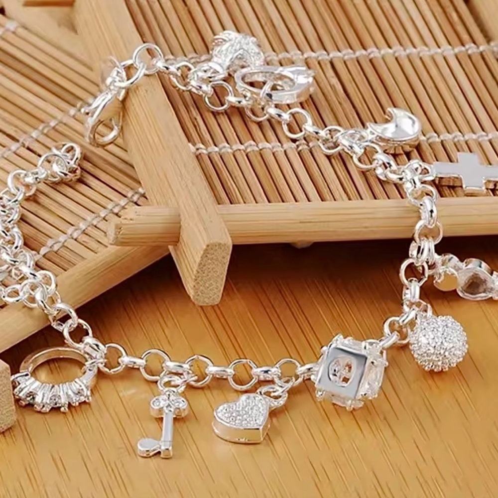Sterling-Style Silver Charm Bracelet with Heart, Key & Bead Charms